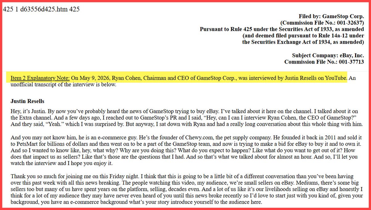 New $GME SEC 425 filing includes transcript of interview with Justin Resells.

<a href="/ryancohen/">Ryan Cohen</a> looking at $EBAY shareholder-stakeholder alignment: "Fine, "I'll do it myself."