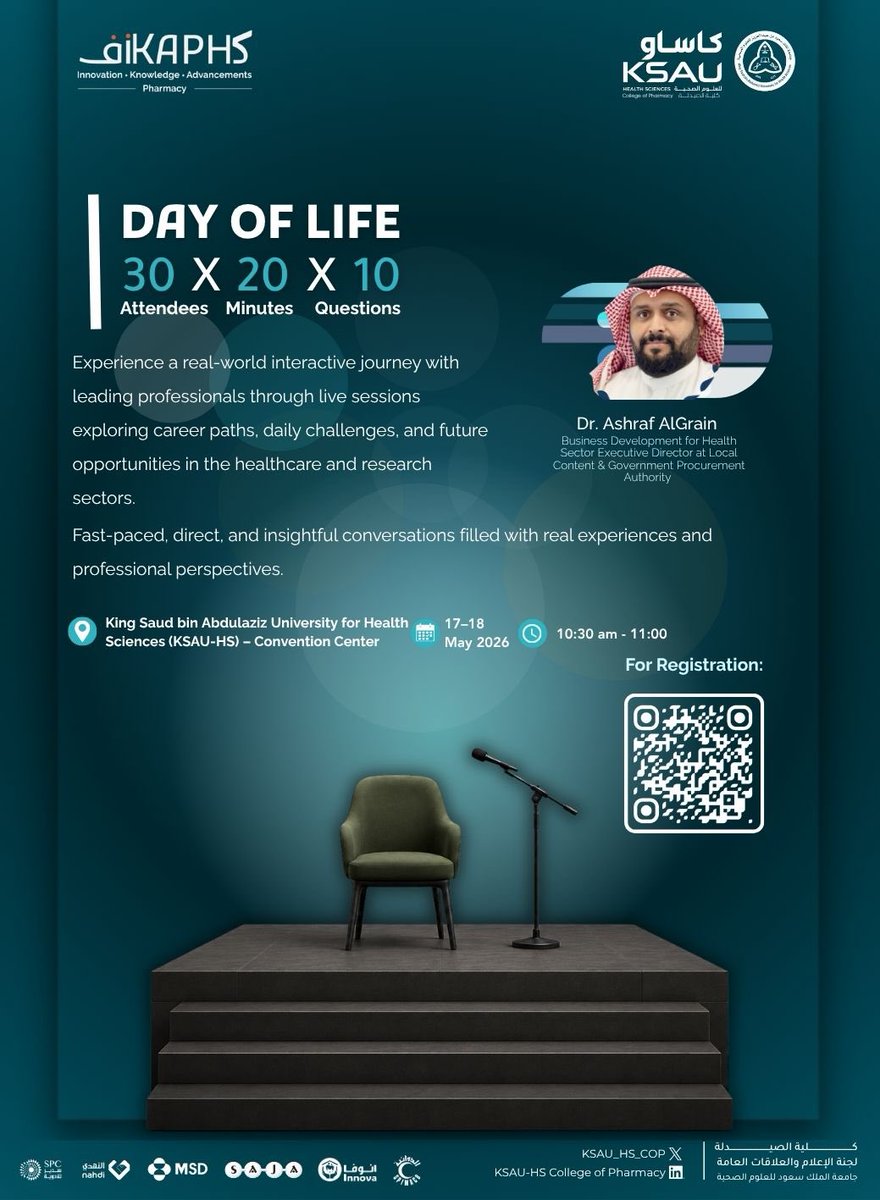 KSAU_HS_COP's tweet photo. The "Day in the Life" Series 🔬

10 Questions. 20 Minutes. 30 Students.

Real Talk. Real Insights. Real Careers.
Join us for an exclusive, high-intensity interactive session featuring:

Dr. Ashraf AlGrain 

We’re skipping the long presentations and going straight to what matters. You set the agenda by submitting your questions, and our guest has just 20 minutes to give you the "no-filter" reality of a career in healthcare and research.

The Formula:
• 10 Questions: Handpicked from your submissions.
• 20 Minutes: Rapid-fire wisdom and experience.
• 30 Seats: An intimate setting for maximum impact.

🕒 Time: 10:30 AM – 11:00 AM

Do you have a burning question?
Don't miss your chance to get it answered by one of the best in the field.

Register & Submit Your Questions Here:
[https://t.co/bgE9GPKrzg]

#iKAPH #iKAPH2026 #COP_Research_Day