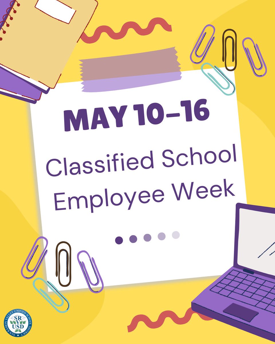 SRVUSD1's tweet photo. We’re celebrating Classified School Employee Week &amp; honoring the incredible staff who keep our schools safe, welcoming &amp; running strong.🙌Office staff, custodians, bus drivers, tech staff, paraeducators, nutrition teams &amp; more—you are essential &amp; we appreciate you! #WeAreSRVUSD https://t.co/sgmg2Lczqi
