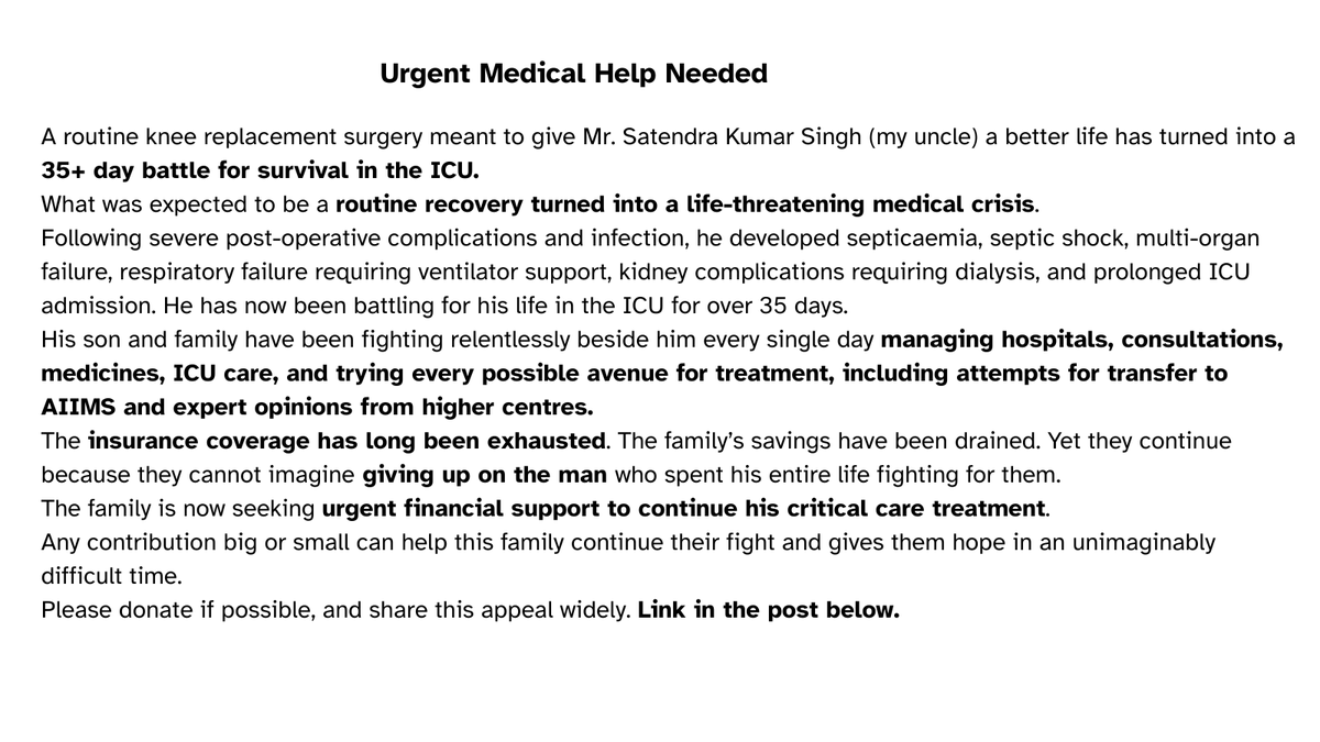amytsingh's tweet photo. My uncle has been battling for life in the ICU for 35+ days after severe complications following a knee replacement surgery. The family has exhausted insurance and savings trying to save him. Please help by donating or sharing this appeal. 🙏 https://t.co/UglgeakBQ1