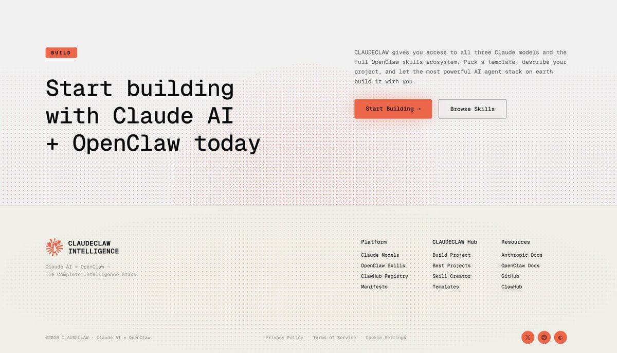 claudeclawx's tweet photo. Start building with Claude AI + OpenClaw today.

three Claude models. 13,729 OpenClaw skills.
the most powerful AI agent stack on earth.

pick a template. describe your project.
CLAUDECLAW builds it with you.

$CLDC May 12 · 3PM UTC · 
https://t.co/uPMtI9Qnja https://t.co/08E45Aj7Vg