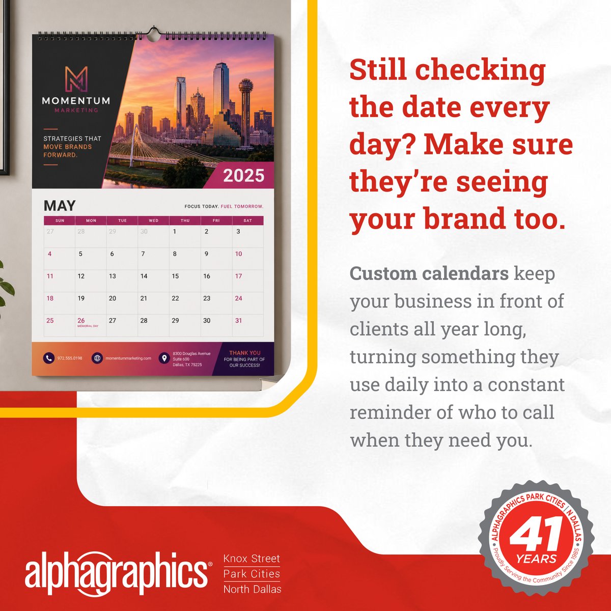 AlphaGraphicsTX's tweet photo. How many times a day do you glance at a calendar without even thinking about it? 

That’s what makes custom calendars such a smart marketing piece. They don’t feel like an ad, they just naturally stay part of someone’s everyday routine.

#AlphaGraphicsParkCities #CustomCalendars https://t.co/Bb3vfvbBwF
