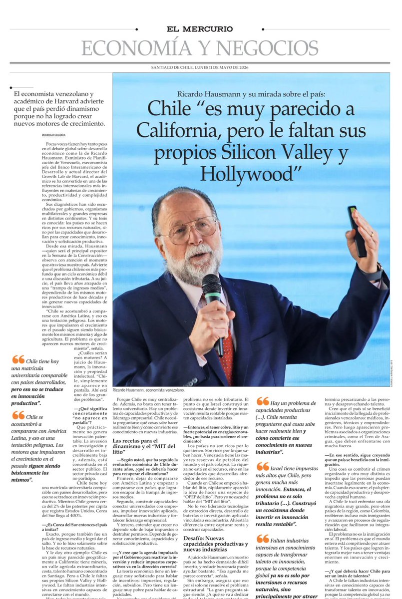 CChC_Chile's tweet photo. A tan solo días de la Semana de la Construcción 2026, nuestro expositor principal, Ricardo Hausmann, destacado profesor y fundador del Growth Lab de la U. de Harvard, ex ministro de Planificación de Venezuela y ex Economista Jefe del BID, comparte su visión hoy en El Mercurio, advirtiendo que Chile necesita nuevos motores de crecimiento: "Es muy parecido a California, pero le faltan sus propios Silicon Valley y Hollywood"🏗️🇨🇱