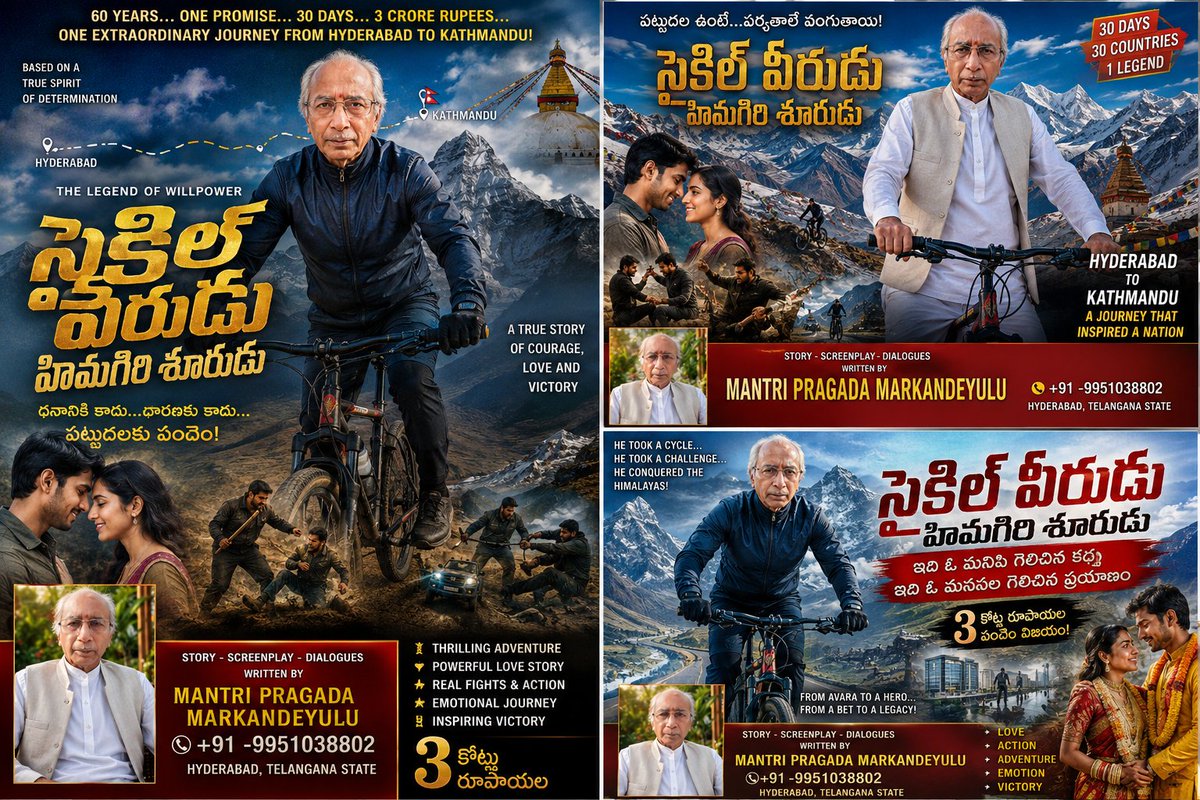 mrkndyl68's tweet photo. https://t.co/eLFSGLstJE
సైకిల్ వీరుడు - హిమగిరి శూరుడు
Total Story followed by Screenplay and Dialogues
(An Adventure and A Love Story)
A commitment, dedication, passion
Keeping up the promise by the Cycle Hero

50+ స్క్రిప్ట్ సీన్లు

మంత్రి ప్రగడ మార్కండేయులు
+91-9951038802 https://t.co/wfgWoKLKkU