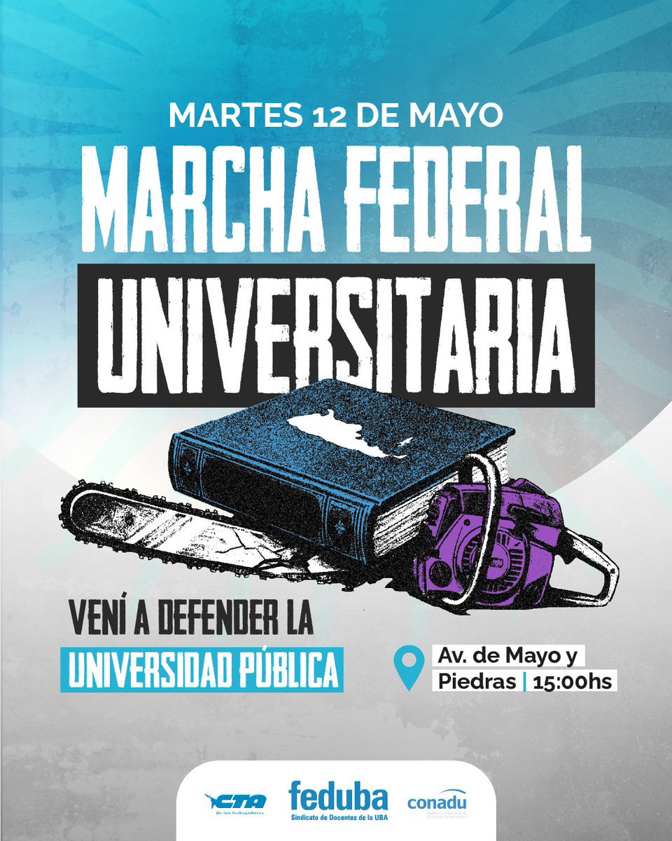 feduba's tweet photo. 📢 Mañana volvemos a las calles por la Universidad Pública.

Necesitamos de todxs para defenderla.

Más de 200 días sin que el gobierno de Milei cumpla la #LeyDeFinanciamientoUniversitario

Nos encontramos en Av. de Mayo y Piedras a las 15 hs para marchar a Plaza de Mayo. https://t.co/67qFPTgVSi