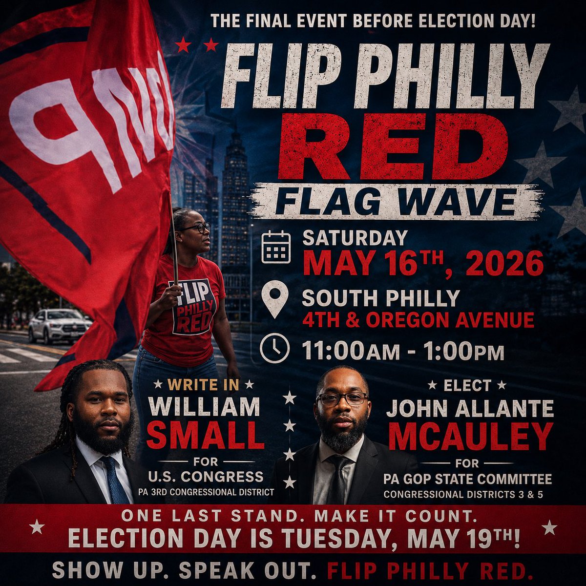 AllanteMcAuley's tweet photo. The RINOS in the Philly GOP tried knocking me off the ballot, We the People beat them, they’ve also sent sample ballots out telling the voters to skip the box with my name in it. They’ve watched me go to war with democrat politicians who have stood with illegal aliens over Philadelphians and they still endorsed candidates you’ve never met before. I’ve shown the ability to command a room, be well spoken, know the issues and offer solutions based on the America 1st agenda and they’ve remained silent. They don’t want me in State Committee because they know I’m not a zombie vote, they know I won’t stand for mediocrity.

We’ve ridden President Trump’s coattails and they know it, up to 2024, the PA GOP had only a 17% win rate in state wide elections with their endorsed candidates when President Trump was NOT on the ticket, it jumps to 35% with him on it. It’s because they’ve endorsed candidates who don’t know the issues, who walk the middle of the line, and some who aren’t even competent.

I won’t be able to personally attend the flag wave on Saturday because I will be at work, but the rest of Flip Philly Red will be in South Philly waving flags, this is the last push, this is the last rally, let’s show the UniParty their sample ballots, endorsements and email list can be beat. They say our Flip Philly Red Flag Waves don’t move the needle, let’s show them different! #FlipPhillyRed #MAGA 🇺🇸