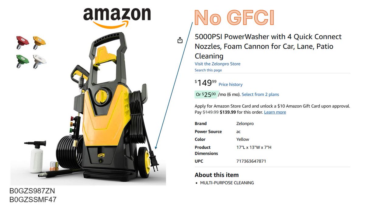 powerwashergear's tweet photo. Zelonpro and @amazon coordinating a re-launch of various non-GFCI electric pressure washers into the market, and units exactly like the previously @USCPSC recalled models. https://t.co/Na3geL4yVt