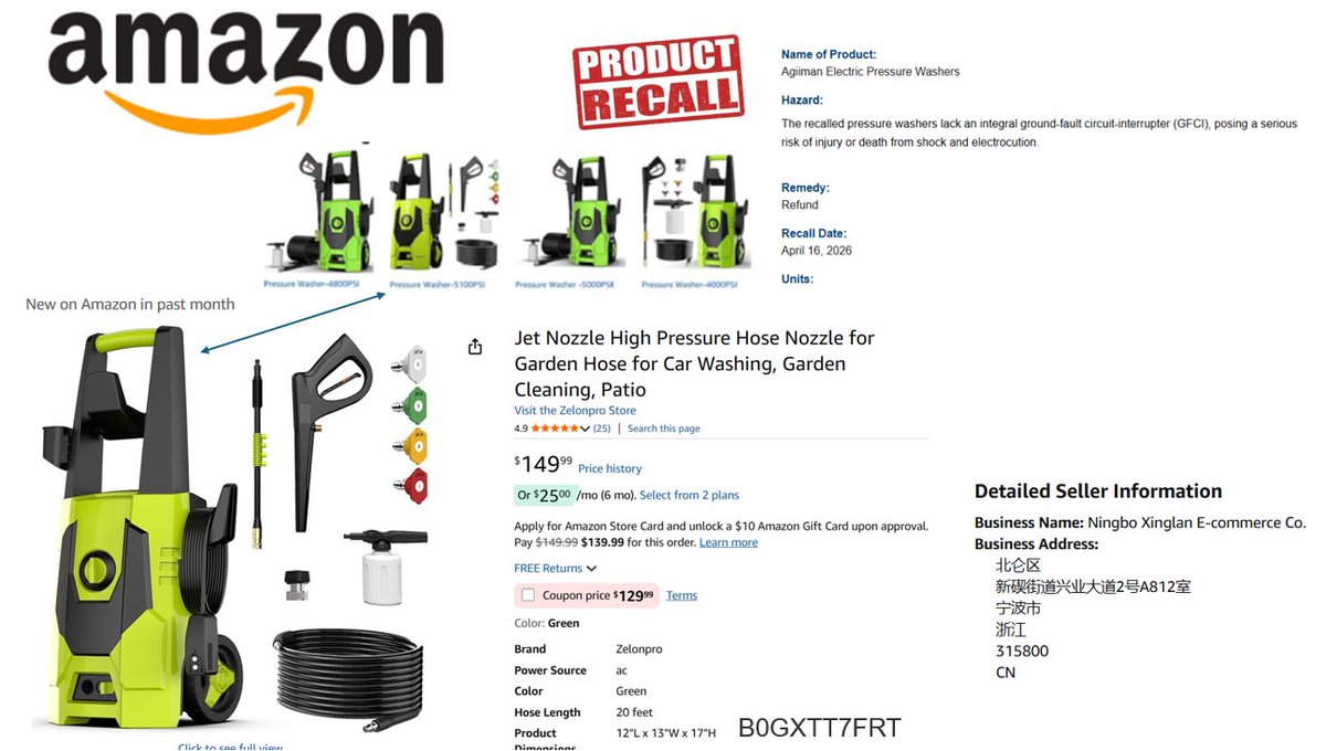 powerwashergear's tweet photo. Zelonpro and @amazon coordinating a re-launch of various non-GFCI electric pressure washers into the market, and units exactly like the previously @USCPSC recalled models. https://t.co/Na3geL4yVt