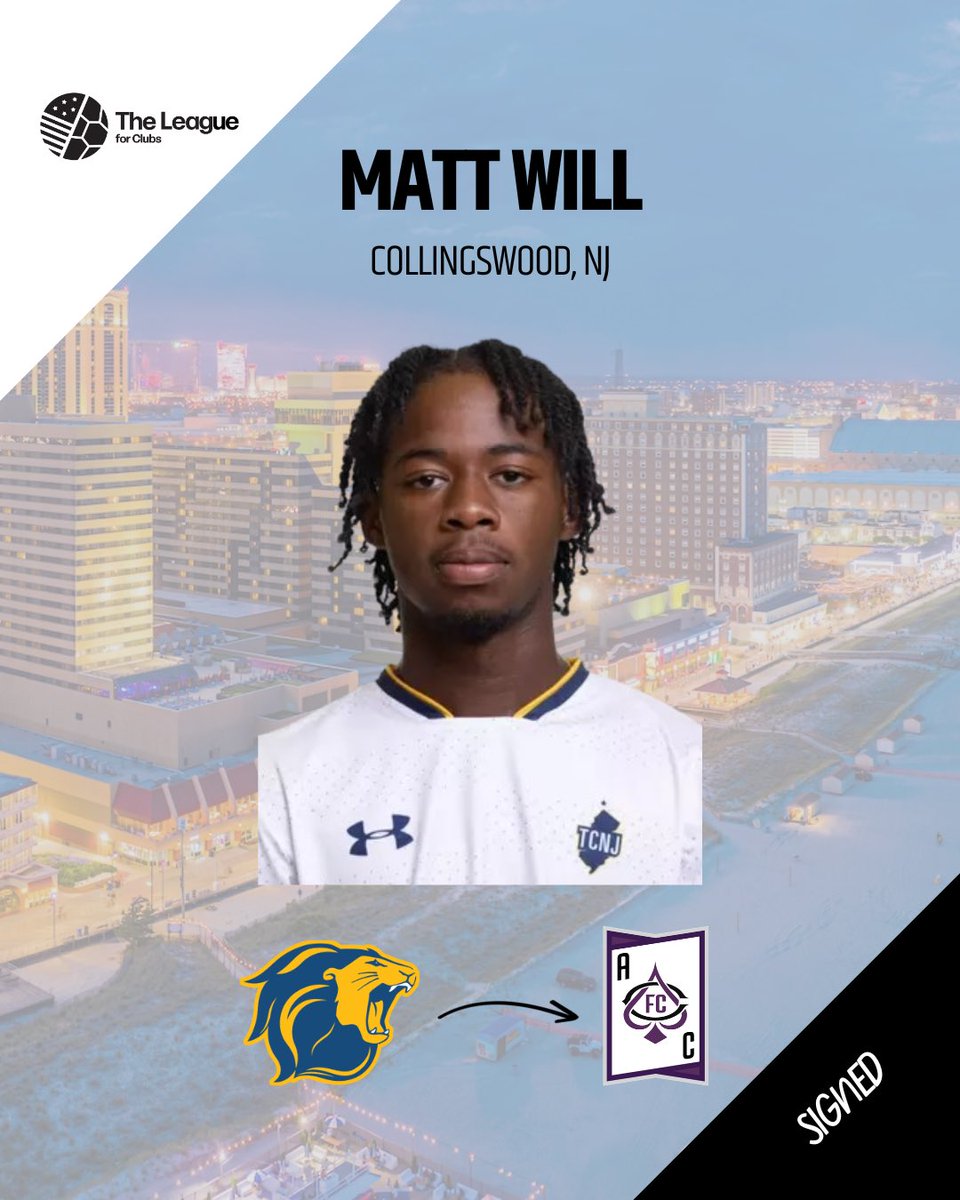 AtlanticCityFC's tweet photo. 9 goals. All-Region. Freshman year. Now ACFC.🃏
Welcome to Atlantic City FC, Matt Will.
TCNJ · All-NJAC 2nd Team · USC All-Region 3rd Team
2× NJAC Rookie of the Week · Started all 21 games, The best is absolutely still to come.
#AcesUp♠️ ⚽ #AtlanticCityFC #ACFC #AtlanticCity https://t.co/8XtaZfVrHt