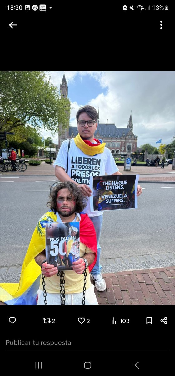 TanyaDelaVilla1's tweet photo. Hoy en el Palacio de la Paz en Países Bajos, venezolanos exigen justicia por los presos políticos, los torturados y asesinados por el régimen dictatorial en Venezuela. El mundo no puede seguir ignorando estos crímenes y violaciones de derechos humanos.¡Libertad para Venezuela! https://t.co/Lvi3UmQ2GX