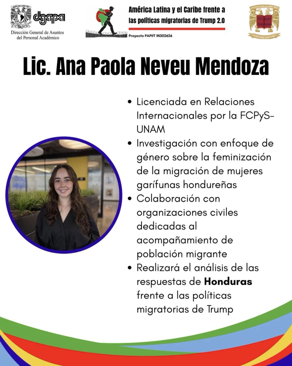 AlycPapiit2026's tweet photo. Te presentamos a la Lic. Ana Paola Neveu Mendoza, quien participa como investigadora del Proyecto PAPIIT IN302626 👩‍🏫📖

#migración #política #unam #honduras #trump #mundo https://t.co/GO7HEaAm56