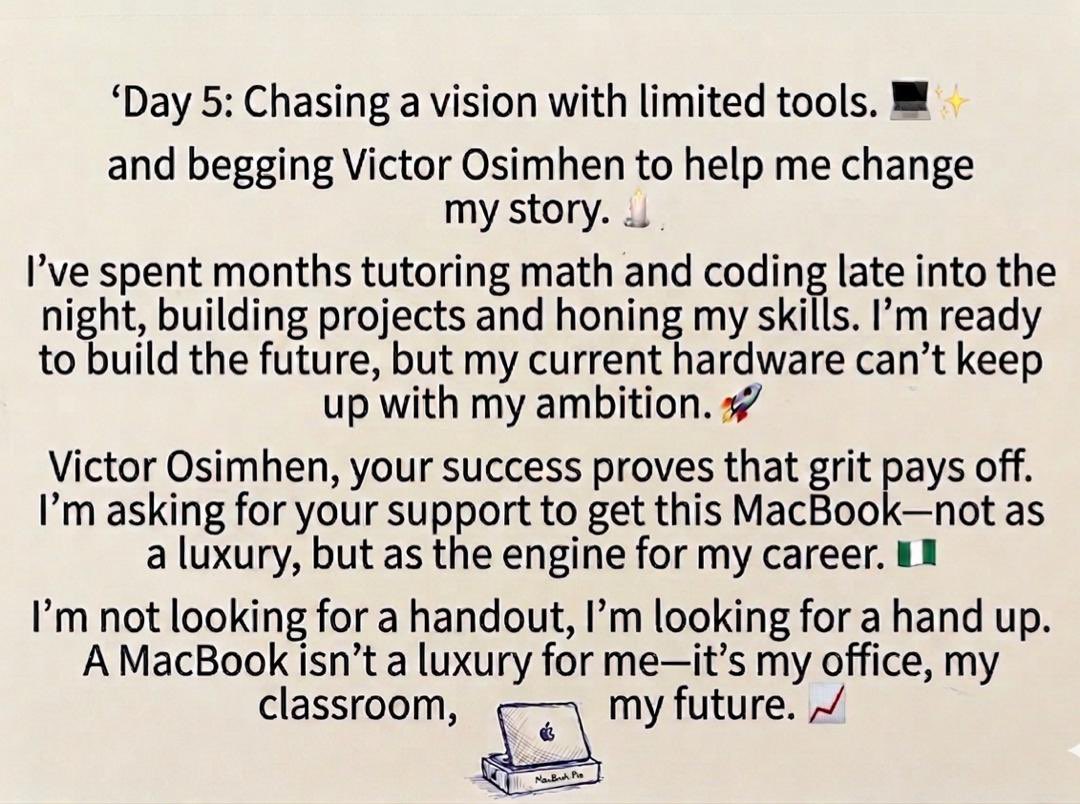KOLLIPEE_'s tweet photo. Day5:
   @victorosimhen9 
Please guys help me tag him till he see’s this 🙏🏻…

@dabz_global sell quality and top rated Gadgets!! 

@abazwhyllzz @victorosimhen9 https://t.co/I7wtLfZko7