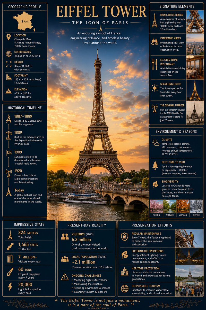 MrDasOnX's tweet photo. Place Infographic by GPT Image 2 on ChatGPT app

Prompt: Design a premium, modern infographic illustration about [PLACE NAME] in a clean, elegant editorial style.

Place a large, hyper-realistic central photograph of [PLACE NAME] as the hero visual, captured in dramatic golden-hour light with rich depth and atmosphere.

Arrange surrounding information in a balanced, grid-based layout using sleek white and teal accent boxes with subtle drop shadows. Use these exact categories with accurate, up-to-date facts:

• Geographic Profile: location, size, elevation or key coordinates
• Historical Timeline: major events and cultural importance in 3-4 bullet points
• Signature Elements: what makes this place visually and experientially unique
• Environment & Seasons: typical weather, biodiversity highlights, best visiting periods
• Impressive Stats: 4–5 standout numbers or records
• Present-Day Reality: visitor numbers, local population, ongoing challenges
• Preservation Efforts: key initiatives protecting or restoring the site

Use sophisticated sans-serif fonts, thin dividing lines, small decorative icons, and a luxurious dark navy + warm beige color palette. Ultra-high detail, cinematic composition, 8K resolution, professional travel-magazine aesthetic, highly informative yet visually stunning.