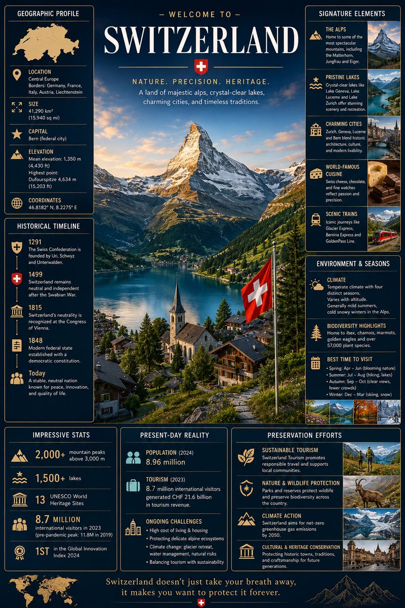 MrDasOnX's tweet photo. Place Infographic by GPT Image 2 on ChatGPT app

Prompt: Design a premium, modern infographic illustration about [PLACE NAME] in a clean, elegant editorial style.

Place a large, hyper-realistic central photograph of [PLACE NAME] as the hero visual, captured in dramatic golden-hour light with rich depth and atmosphere.

Arrange surrounding information in a balanced, grid-based layout using sleek white and teal accent boxes with subtle drop shadows. Use these exact categories with accurate, up-to-date facts:

• Geographic Profile: location, size, elevation or key coordinates
• Historical Timeline: major events and cultural importance in 3-4 bullet points
• Signature Elements: what makes this place visually and experientially unique
• Environment & Seasons: typical weather, biodiversity highlights, best visiting periods
• Impressive Stats: 4–5 standout numbers or records
• Present-Day Reality: visitor numbers, local population, ongoing challenges
• Preservation Efforts: key initiatives protecting or restoring the site

Use sophisticated sans-serif fonts, thin dividing lines, small decorative icons, and a luxurious dark navy + warm beige color palette. Ultra-high detail, cinematic composition, 8K resolution, professional travel-magazine aesthetic, highly informative yet visually stunning.