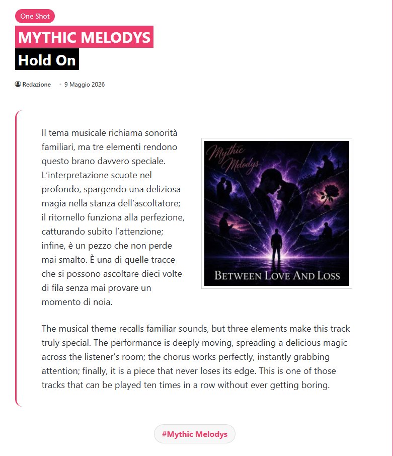 mythicmelodys's tweet photo. Grateful to see my song “Hold On” featured on the Italian music blog https://t.co/nklT2DU2lS 🇮🇹💜

Stream Hold On now everywhere. 💜

#MythicMelodys #HoldOn #BetweenLoveAndLoss #Distopic #NewMusic #MusicBlog #ItalianMusicBlog #IndependentArtist #IndieArtist #EmotionalMusic https://t.co/b2d4mUoy1J