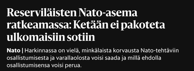 IiroH's tweet photo. Jos Yhdysvallat tai NATO aiheuttaa sodan Suomessa, niin siihen ei tarvitse osallistua, koska se lasketaan ulkomaalaiseksi sodaksi. Päivän selvä asia, mutta hyvä kuitenkin, että sekin todetaan kaiken sodanlietsonnan ohella. https://t.co/ARWNCSwlbk