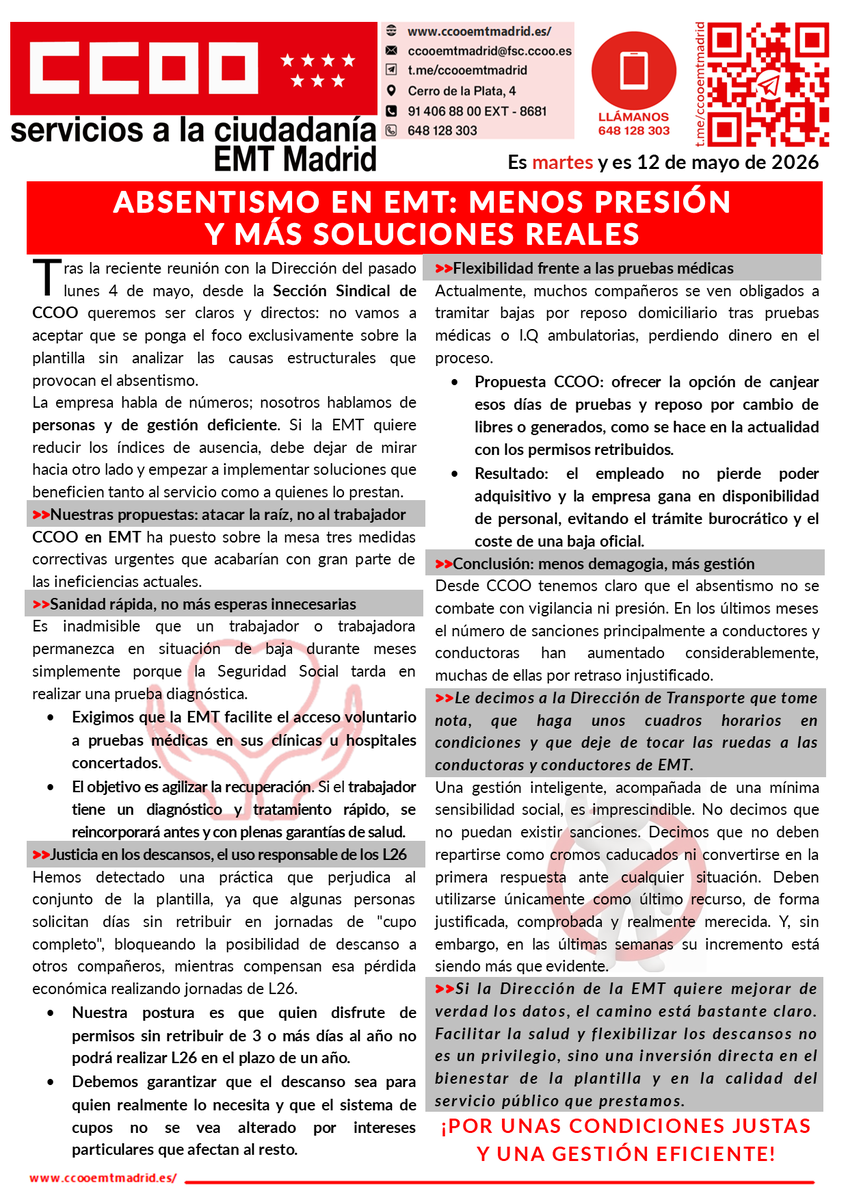 CCOO_EMTMadrid's tweet photo. 🔴BUENAS NOCHES compañeras/os. Mañana martes estaremos en los distintos Centros de Trabajo de 05:00 a 09:00 y de 20:00 a 01:00 para  ayudaros en vuestras dudas, asesoraros en lo que necesitéis y entregaros en mano nuestro COMUNICADO.🔴

➡️ https://t.co/bxcm03hQFO 📲 https://t.co/uRKplo4nlM