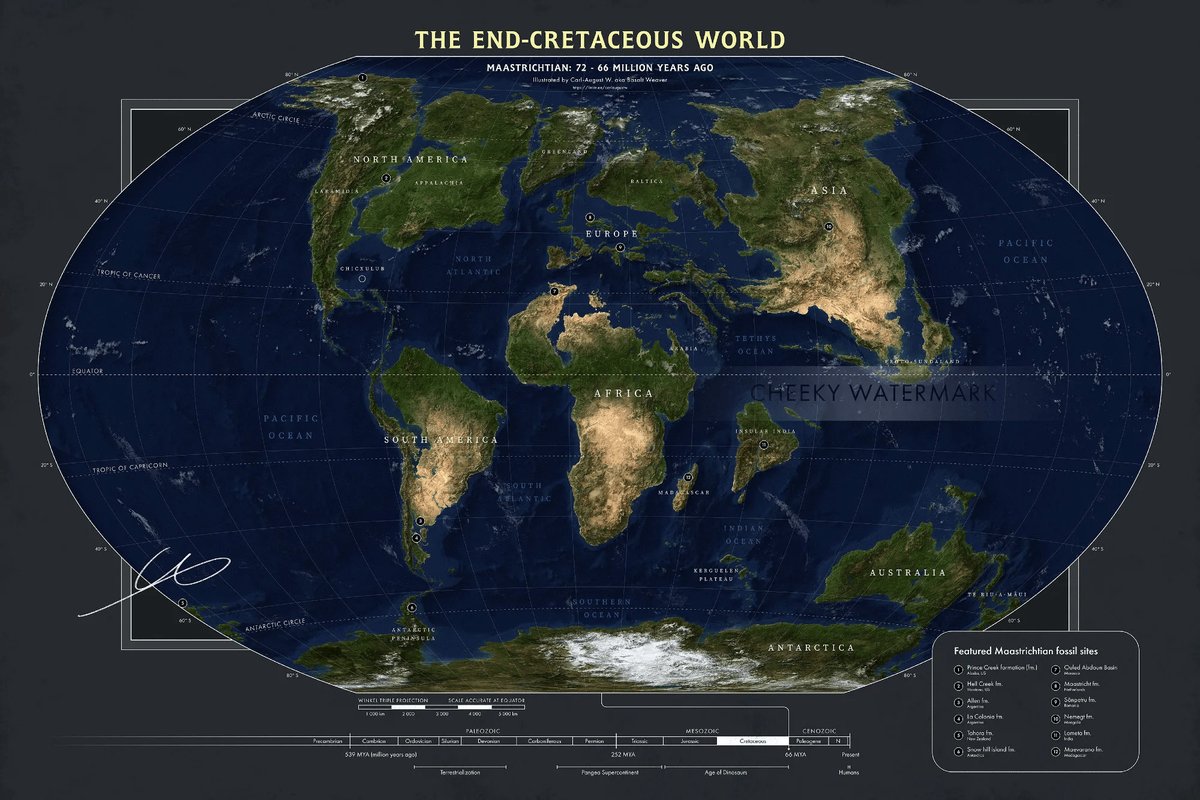 VividMaps's tweet photo. Late Cretaceous: no polar ice, seas ~170 m higher, Europe mostly underwater, North America split in two by a shallow sea. https://t.co/IhtybHmQy5 https://t.co/oupibGKCpy