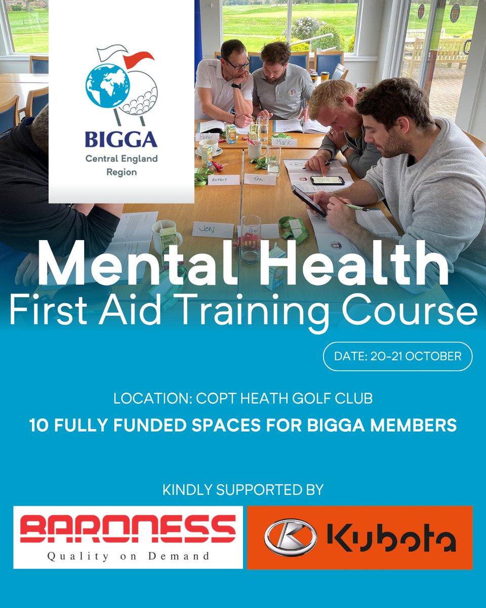 BIGGACentEng's tweet photo. This year, with the support of Baroness and Kubota, 10 BIGGA members per region will be able to gain their Mental Health First Aid certification free of charge!

If you are in the Central England Region and want to secure your FREE place, click on the link below - https://t.co/5g4OkWfuti