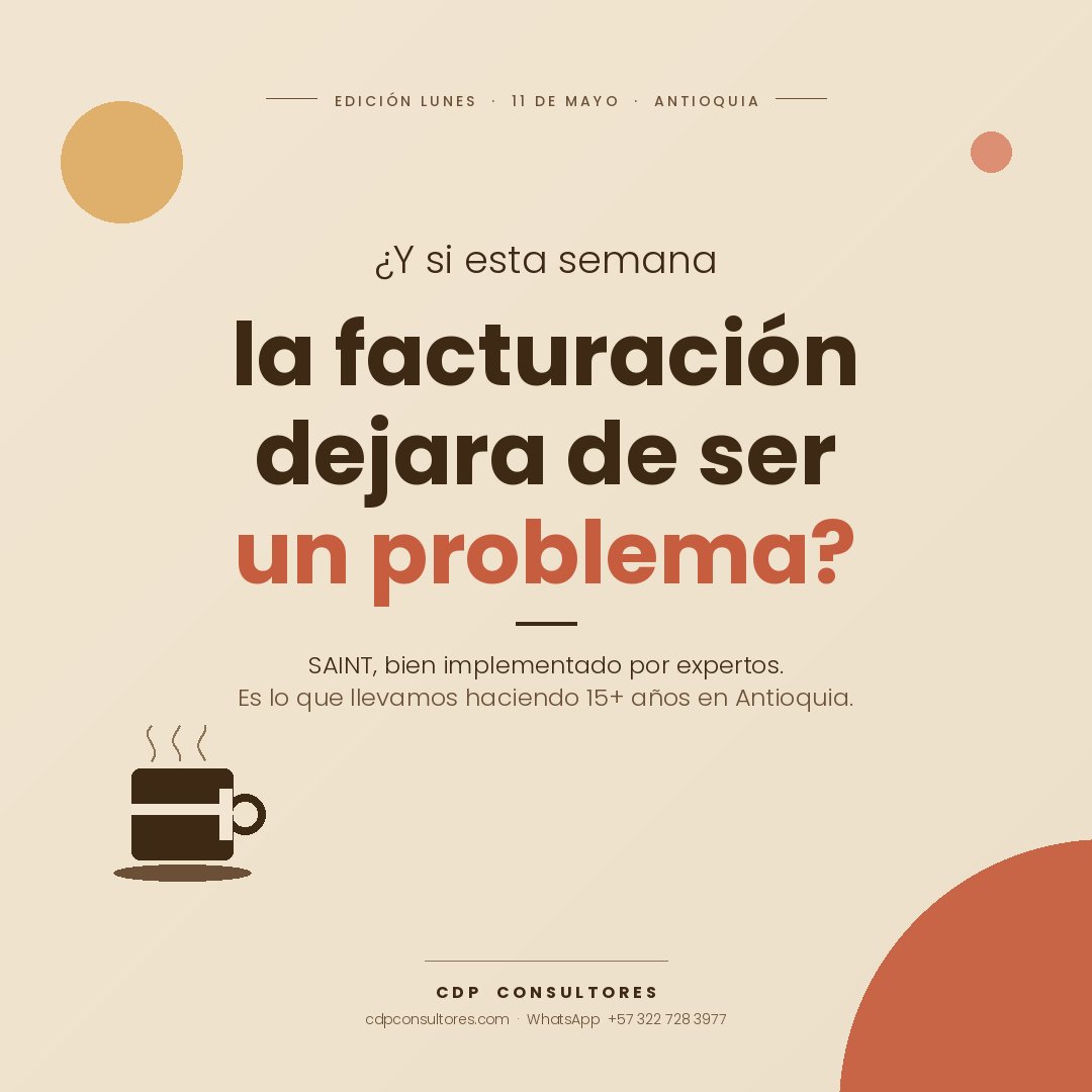 CDP_CONSULTORES's tweet photo. 💼 Lunes. Una pregunta:

¿Cuánto tiempo pierde tu equipo en facturación manual cada mes?

SAINT integra facturación, inventario, ventas y contabilidad. 
Y nosotros lo implementamos para PYMES colombianas hace 15+ años.

🌐 https://t.co/lotArMK7wz

#SAINT #PYMES #Antioquia https://t.co/Z59U7JJsID
