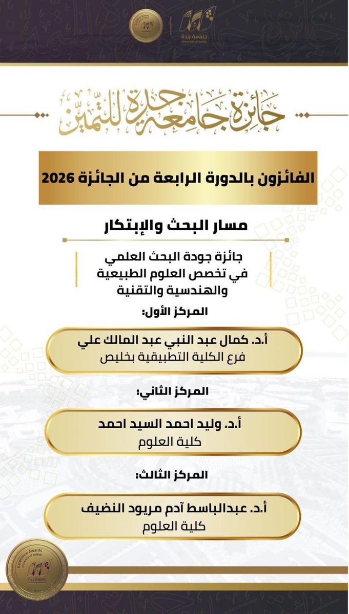 UOfjeddah's tweet photo. جائزة التميز |

الفائزون في مؤشرات الأداء في #جائزة_جامعة_جدة_للتميز - في دورتها الرابعة 2026م . 

🔹 مسار البحث والابتكار - الجزء الأول ⬇️

ألف مبروك ✨

جائزة #جامعة_جدة للتميز .. أن تتميز أكثر . https://t.co/GbXFqpUAEk