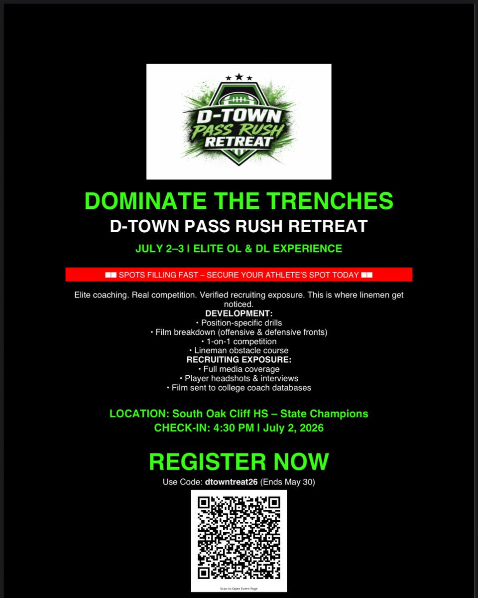 CoachsacksDent's tweet photo. Honored & Blessed to be apart of the 2nd Annual D-Town Pass Rush Retreat. All HS DL/OL come learn & compete with the best in the city. 

Sign up now for an early sign up discount that ends May 30th. 

@MTSports__ @DraftDiamonds @malikboynton2 @gettherekyle @bigbray124 @MarchaelJCarter @SydnorJp @MalcolmDTX_2029 @BlackBrailey