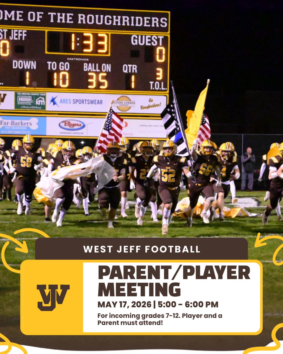 WJRiderFootball's tweet photo. The 2026 parent/player meeting will be May 17th at 5 PM in the high school auditeria! Player and a parent must attend! https://t.co/Yig8ymwjwd