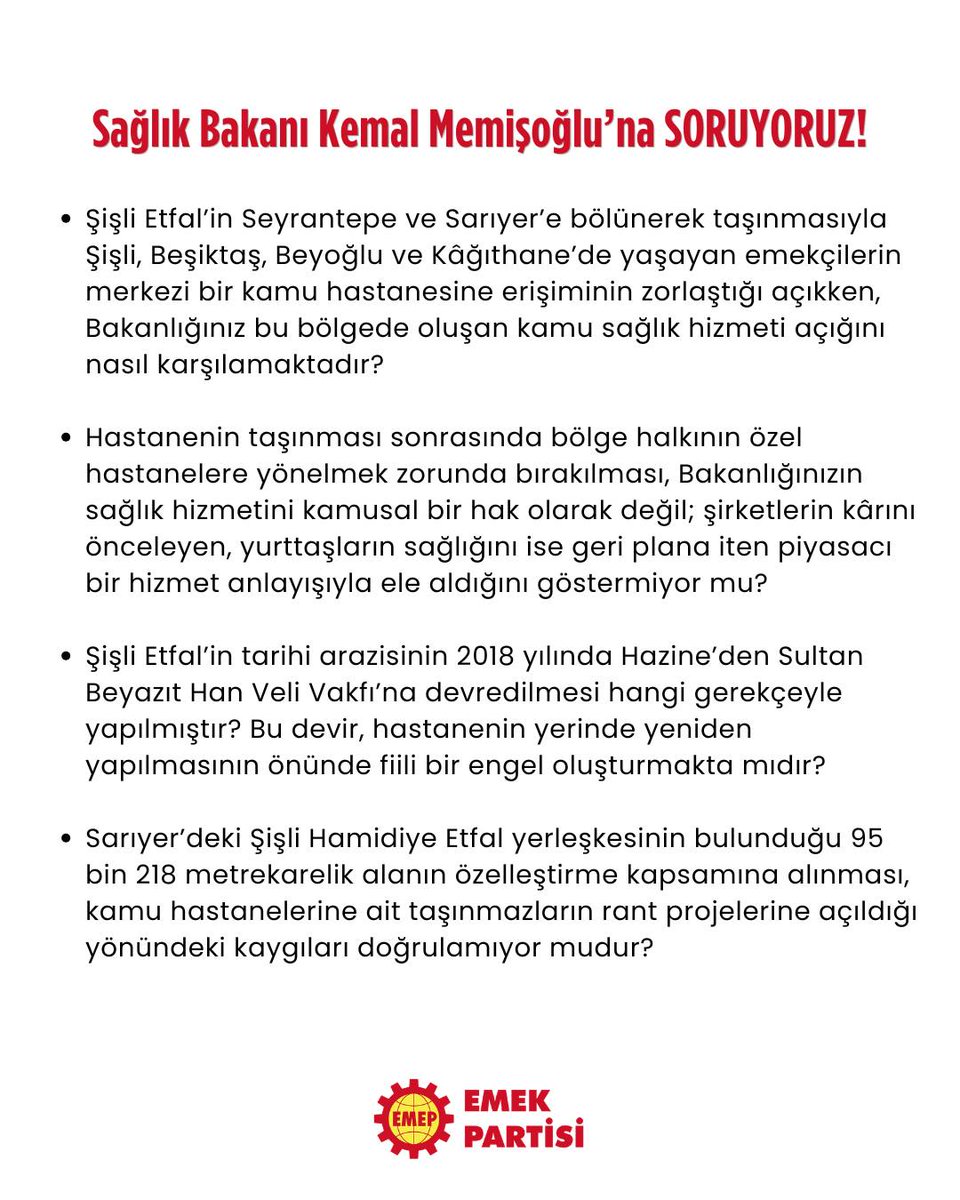 iskenderbayhn's tweet photo. Önce “depreme dayanıksız” dediler, Şişli Etfal’i boşalttılar.

Sonra hastaneyi Seyrantepe’ye, Sarıyer’e böldüler; emekçilerin kamu hastanesine erişimini zorlaştırdılar.

Şimdi aynı binada İstanbul İl Sağlık Müdürlüğü emekçilerini çalıştırıyorlar.

Kolonları dökülen, halatlarla tutturulmaya çalışılan, dış cephesine file gerilen binada kamu hizmeti veriliyor.

Madem bu bina hastalar için riskliydi, sağlık emekçileri için nasıl güvenli oluyor?

Şişli Etfal’in yerinde güçlendirilmemesi, yeniden yapılmaması, arazilerinin devri ve özelleştirme kararları ister istemez şu soruyu büyütüyor:

 Bu süreç sağlık hakkı ve hastaların güvenliği için mi yürütülüyor, rant için mi?

Bu sorular yeni değil. Erdoğan, 2005’te Acıbadem patronuna “Gel, Şişli Etfal’i sana verelim. İster hastane yap, ister alışveriş merkezi” diye seslenmişti.

Aradan yıllar geçti; Şişli Etfal boşaltıldı, parçalandı, arazileri tartışmalı hale getirildi, Sarıyer yerleşkesi özelleştirme kapsamına alındı.

Yani mesele gerçekten deprem güvenliği miydi, yoksa yıllardır hedeflenen rant projesi mi? #İlsaglikyikiliyor

Bu soruları Sağlık Bakanı @drmemisoglu'na sorduk 👇