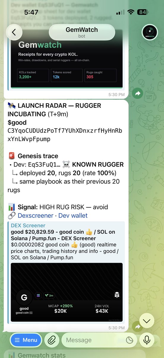 GemWatch1's tweet photo. 🛰 LAUNCH RADAR — RUGGER INCUBATING (T+9m)
$good  C3YqoCUDUdzPoTf7YUhXDnxzrfHyHnRbxYnLWvpFpump

🚨 Genesis trace
 • Dev: EqS3FuQ1… ☠ KNOWN RUGGER
   ↳ deployed 20, rugs 20 (rate 100%)
   ↳ same playbook as their previous 20 rugs

📊 Signal: HIGH RUG RISK — avoid
🔗 Dexscreener · Dev wallet