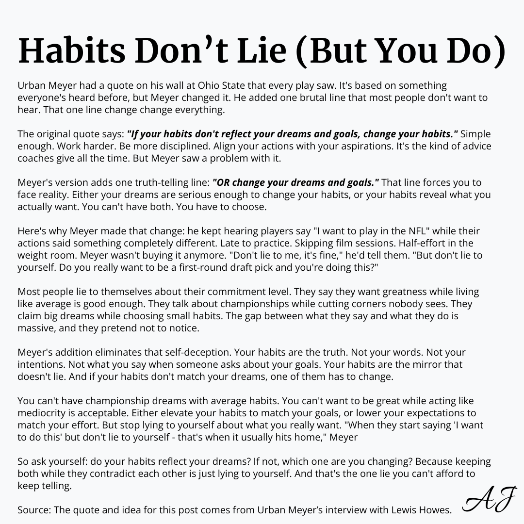 coachajkings's tweet photo. Urban Meyer had a quote on his wall at Ohio State that every player saw.

It's based on something everyone's heard before, but Meyer changed it.

He added one brutal line that most people don't want to hear.

That one line change changes everything... https://t.co/Q8z0hQ3d2c