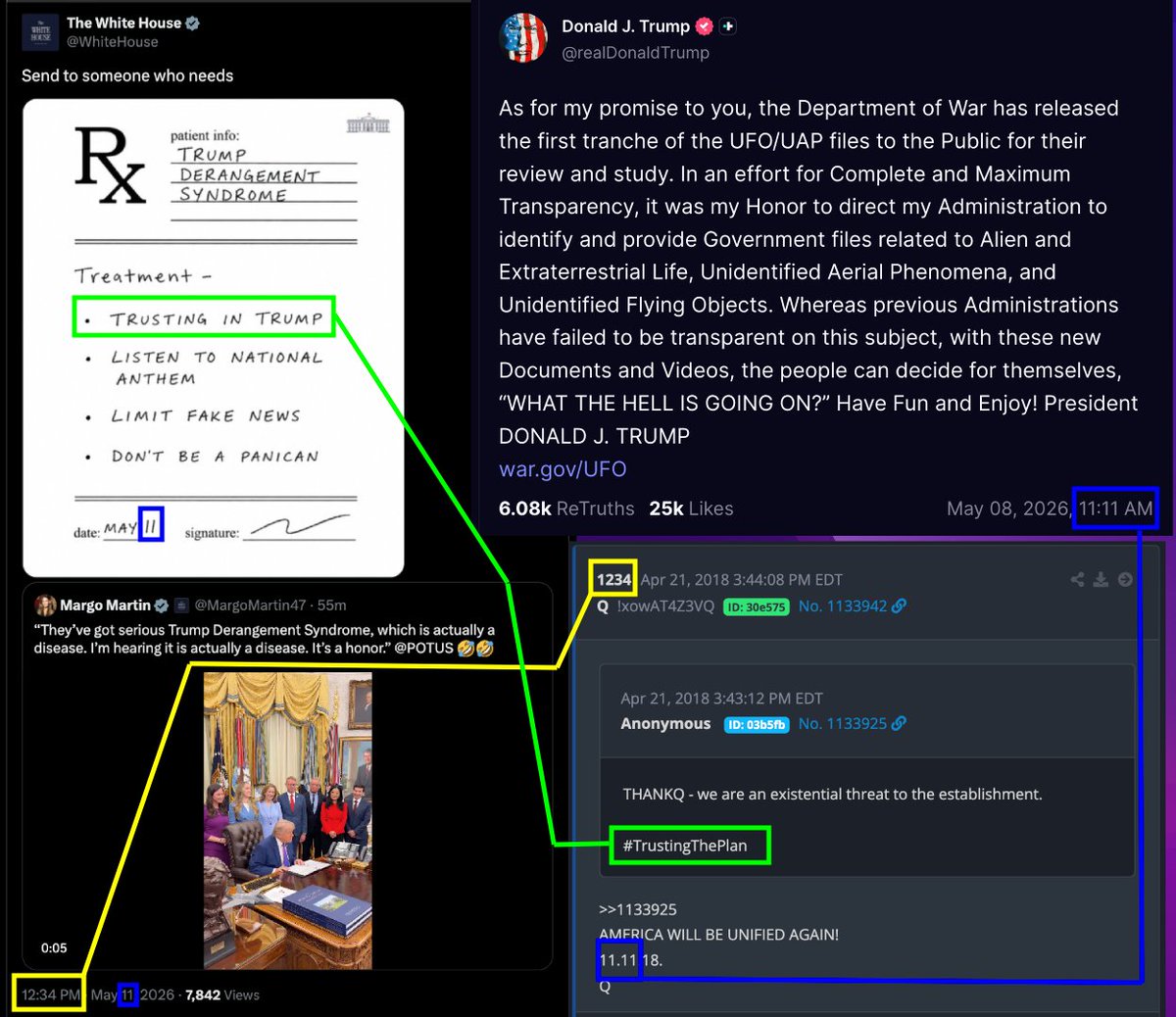 puss_q's tweet photo. Have you been trusting the plan, anon?
12:34 timestamp on White House Rx post
'Trusting in Trump'
Q1234
#TrustingThePlan
AMERICA WILL BE UNIFIED AGAIN!
11.11.18
11:11 AM timestamp on POTUS "WHAT THE HELL IS GOING ON?" UFO/UAP post on May 08 https://t.co/pQsv2lfo9A
