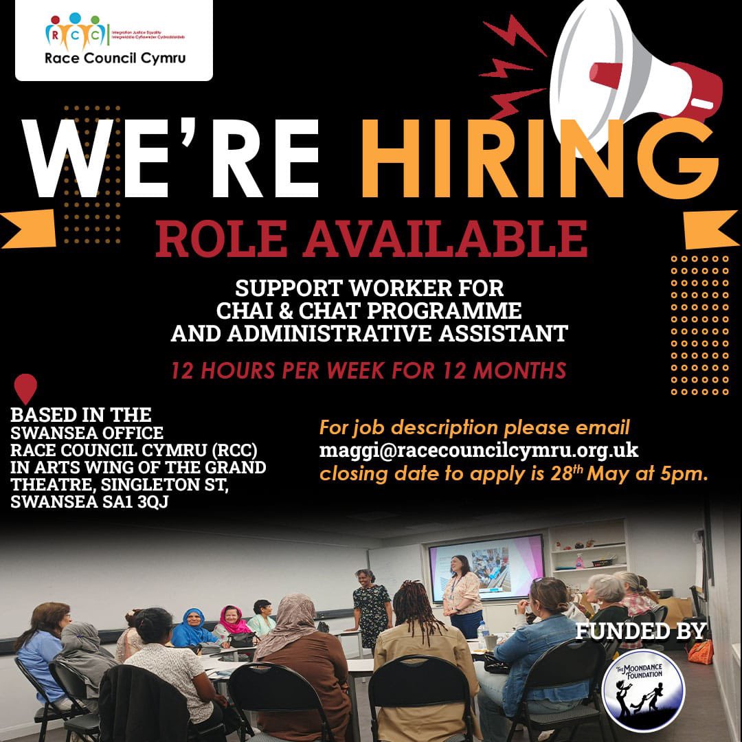 rcccymru's tweet photo. 📢 We’re hiring!

Race Council Cymru is looking for a Support Worker for the Chai & Chat Programme and Administrative Assistant

📍 Based in our Swansea office
⏰ 12 hours per week for 12 months
📅 Closing date: 28 May at 5pm

For the full job description, please email:
📩 [maggi@racecouncilcymru.org.uk]

Join us in supporting community connection, wellbeing and inclusive spaces across Wales.

#RaceCouncilCymru #WeAreHiring #SwanseaJobs #CommunityWork #AdminAssistant #ChaiAndChat #WalesJobs