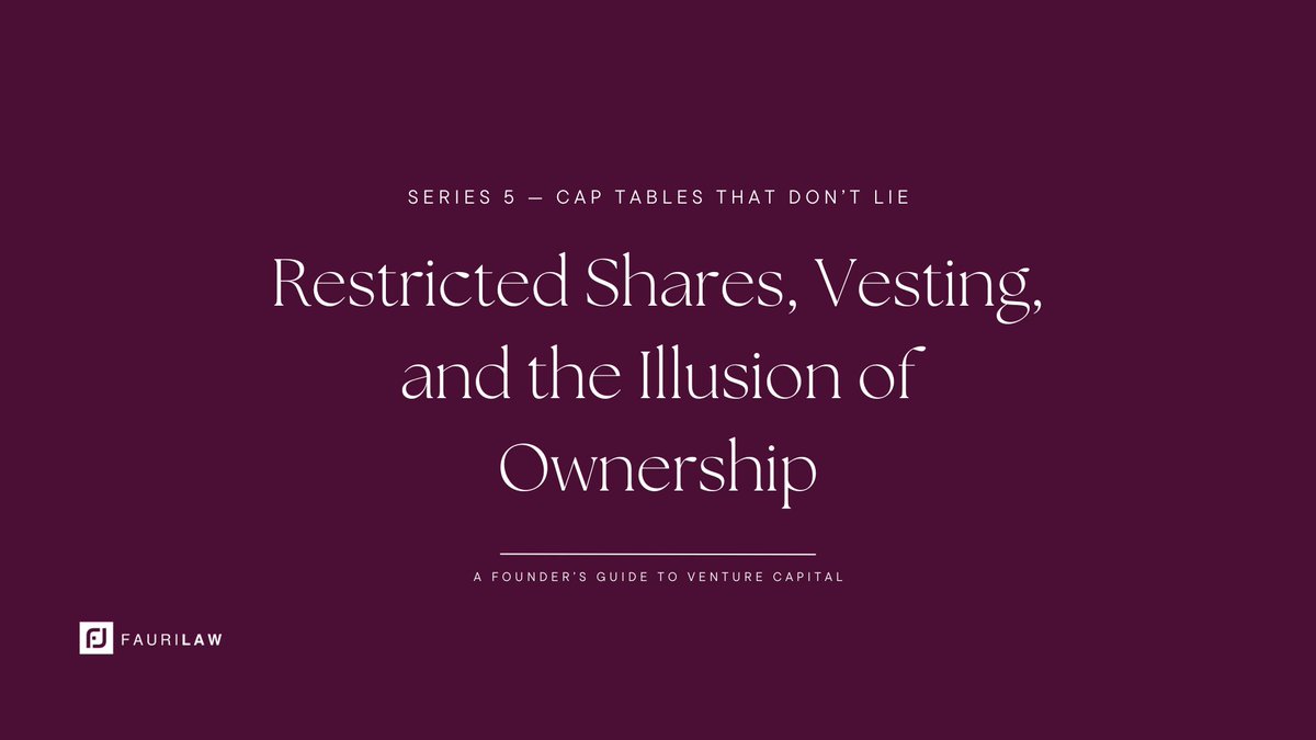 FauriLaw's tweet photo. A cap table may show ownership — but vesting determines what founders actually keep.

Restricted shares can create the illusion of ownership if unvested equity remains subject to repurchase, forfeiture, or departure terms.

We break down what founders should understand before treating issued shares as earned equity:

https://t.co/NHGNT5smr7

#StartupLaw #FounderEquity #VentureCapital #CorporateLaw