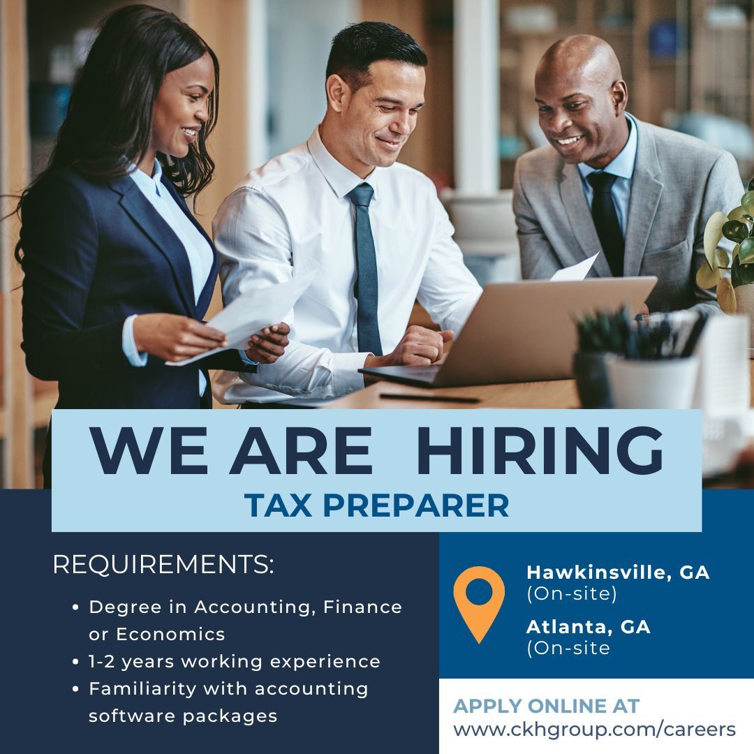 CKHGroup's tweet photo. We’re looking for a Tax Preparer in Atlanta or Hawkinsville to join our team 👀 

If you have a background in accounting, finance, or economics, we'd love to hear from you. Apply online today!
#hiring #tax #accounting #accountingcareers #ckhgroup https://t.co/zKw5Edlku2