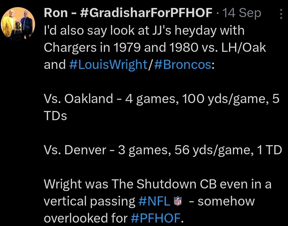 ronNcaphill's tweet photo. In the 1970s,#PFHOF-ers Mel Blount (who transcended position), Lem Barney and Ken Riley did not make #NFL #AllDecade.

#BroncosCountry's #LouisWright did.

Original shutdown CB:
.Erased WR all-time (DPearson, #SBXII) and short-term greats (JJefferson).
.Elite comps vs elite CBs. https://t.co/pU3V3Doe0W