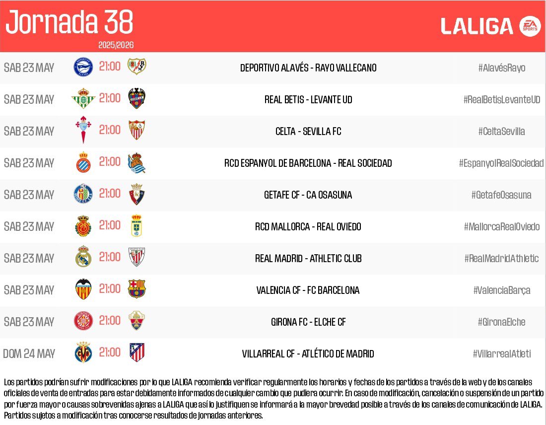 🦇 Horario de la última jornada de <a href="/LaLiga/">LALIGA</a> contra el <a href="/FCBarcelona/">FC Barcelona</a> 

🗓️ Sábado 23 mayo 
⏰ 21:00 horas 
🏟️ Mestalla 

ℹ️ Los horarios de los partidos podrían ser modificados