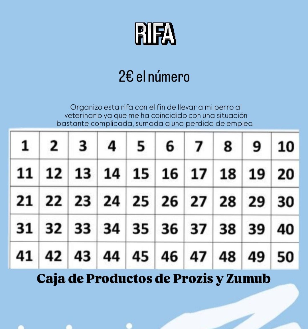 Hola, he organizado una rifa con productos de gimnasio. Proteína, Creatina, Crema de cacahuete, etc..

El motivo es mi peludito🐕 el número saldría a 2€