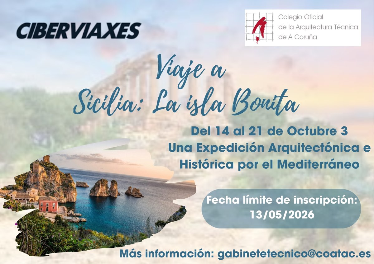 coat_ac's tweet photo. 📢La agencia Ciberviaxes con la que tenemos firmado un convenio con ventajas para nuestros/as colegiados/as, organiza un viaje a Sicilia.
➡️Consulta toda la información 🔗https://t.co/PrmMItRqpk https://t.co/AWKbckpq70