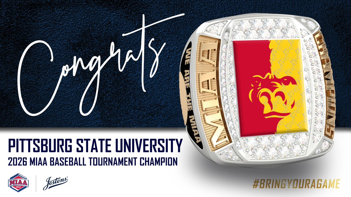 TheMIAA's tweet photo. Hey Siri, play Big Rings by Drake 💍🦍

The MIAA and @Jostens would like to congratulate Pittsburg State's baseball team on winning its first MIAA championship title since 1999!

Jostens is the official championship ring provider for the MIAA. Way to #BringYourAGame, Gorilllas! https://t.co/5t1irq8GU7