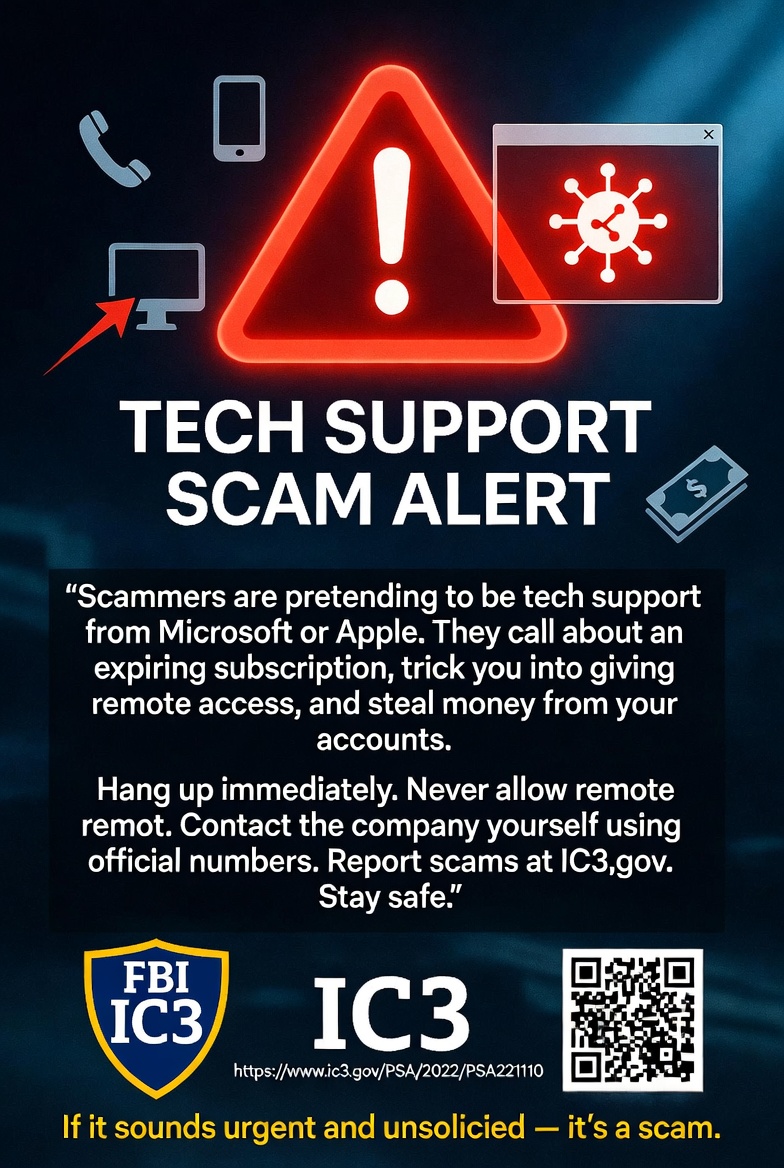 DeeStevensvoice's tweet photo. 🚨 FBI WARNING: Tech Support Scams Are Rising!

Scammers pretend to be Microsoft or Apple support. Never give remote access.

Hang up immediately and report at https://t.co/oFDCRs9O6G

Scan the QR code or visit: https://t.co/pEq7ZxrmZl

#ScamAlert #TechSupportScam #FBI #IC3 https://t.co/XznPcuyglX