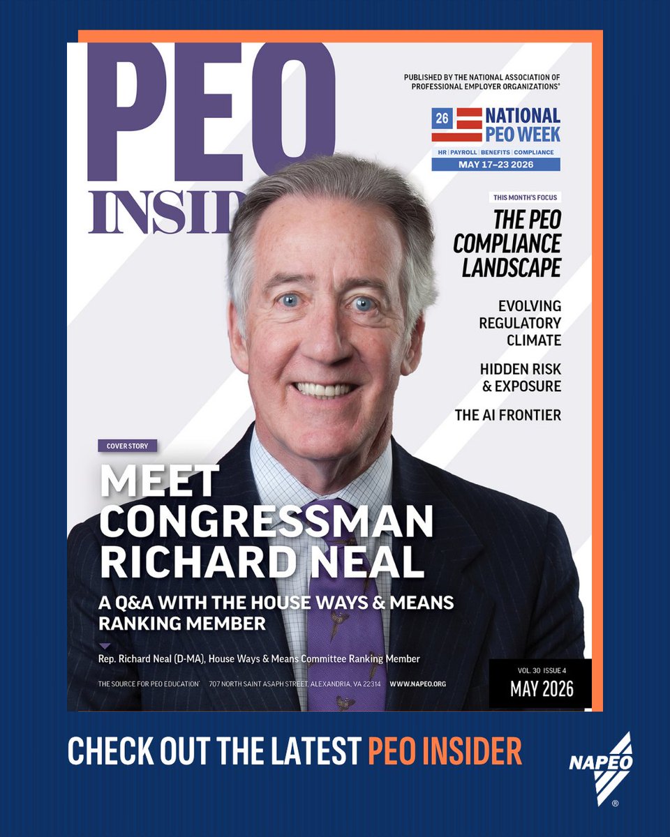 NAPEO's tweet photo. The May issue of PEO Insider features a conversation with @RepRichardNeal, ranking member of the @WaysMeansCmte, on retirement savings, small business and why PEOs matter in Washington.
 
Read the full Q&A in the May issue of PEO Insider: https://t.co/El9yx9AdRj
 
#PEO #PEOInsider #WorkforcePolicy