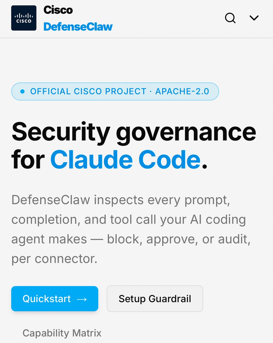 DefenseClaw screen describing prompt, completion, and tool-call inspection with block, approve, and audit controls