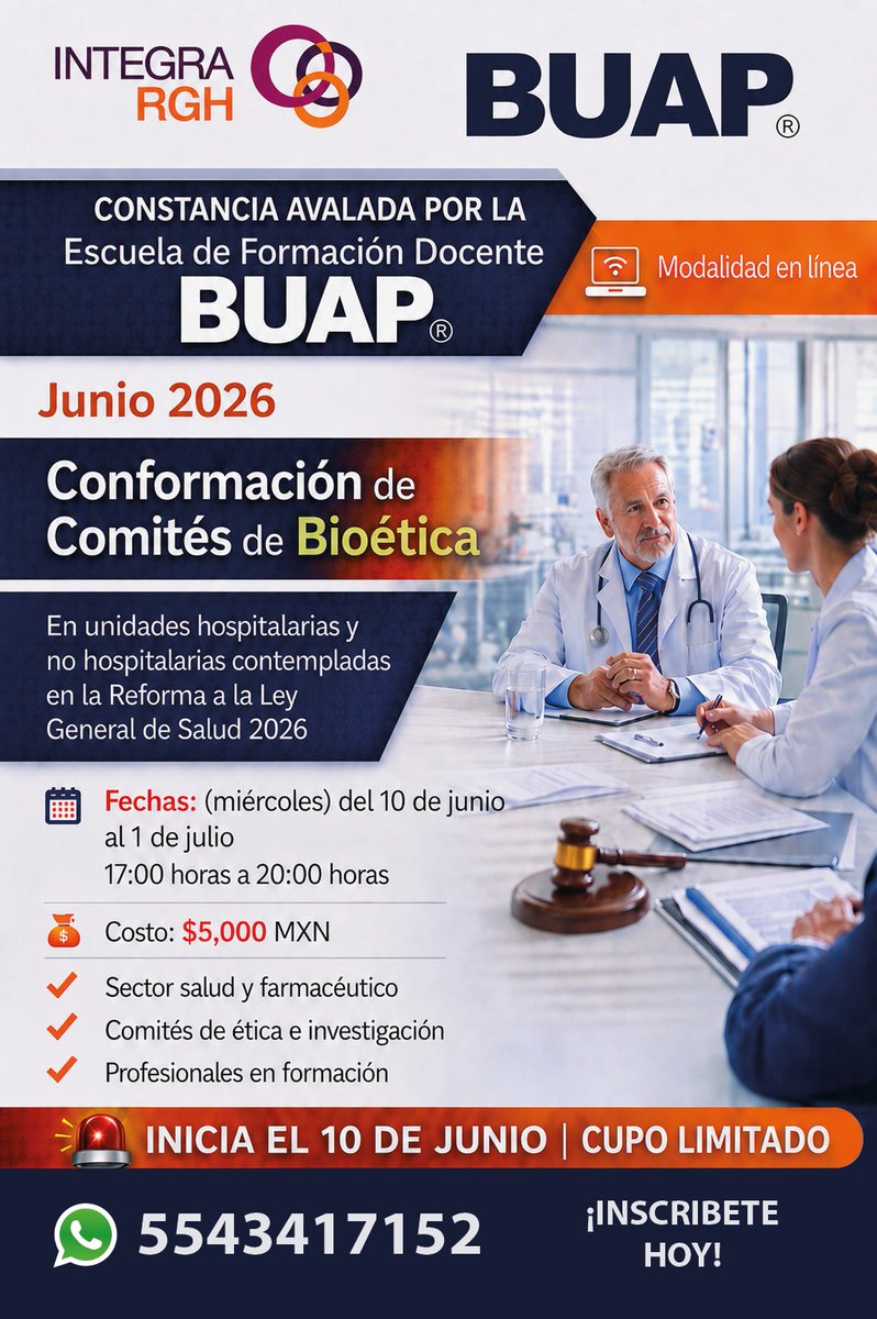 FDocenteBUAP's tweet photo. En convenio con el Centro de Investigación Integra RGH, presentamos una serie de cursos y diplomados (próximamente) especializados dirigidos a profesionales, académicos e interesados en el ámbito de la salud, la investigación y la ética profesional
#BUAP #Bioética https://t.co/m0LM2eR0jD