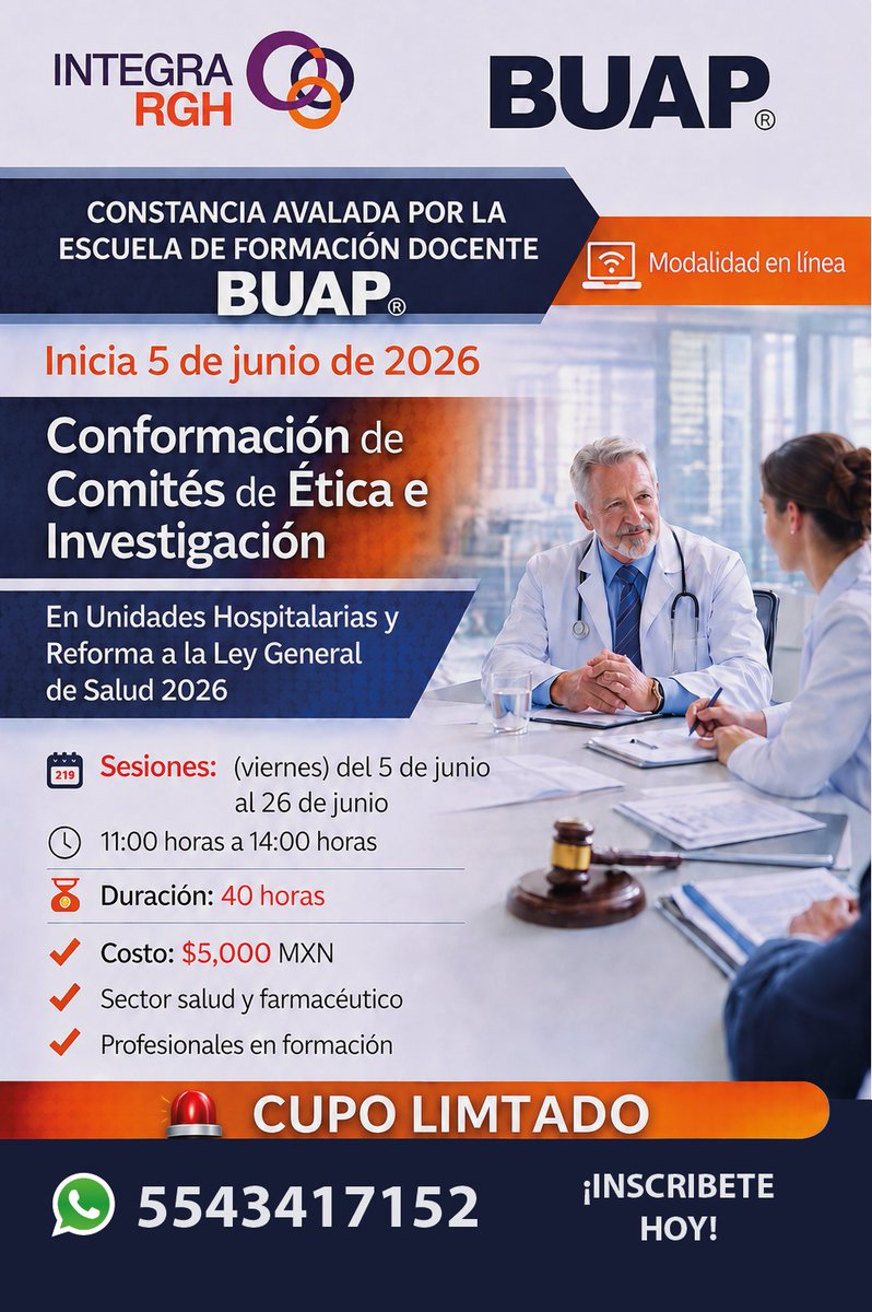 FDocenteBUAP's tweet photo. En convenio con el Centro de Investigación Integra RGH, presentamos una serie de cursos y diplomados (próximamente) especializados dirigidos a profesionales, académicos e interesados en el ámbito de la salud, la investigación y la ética profesional
#BUAP #Bioética https://t.co/m0LM2eR0jD