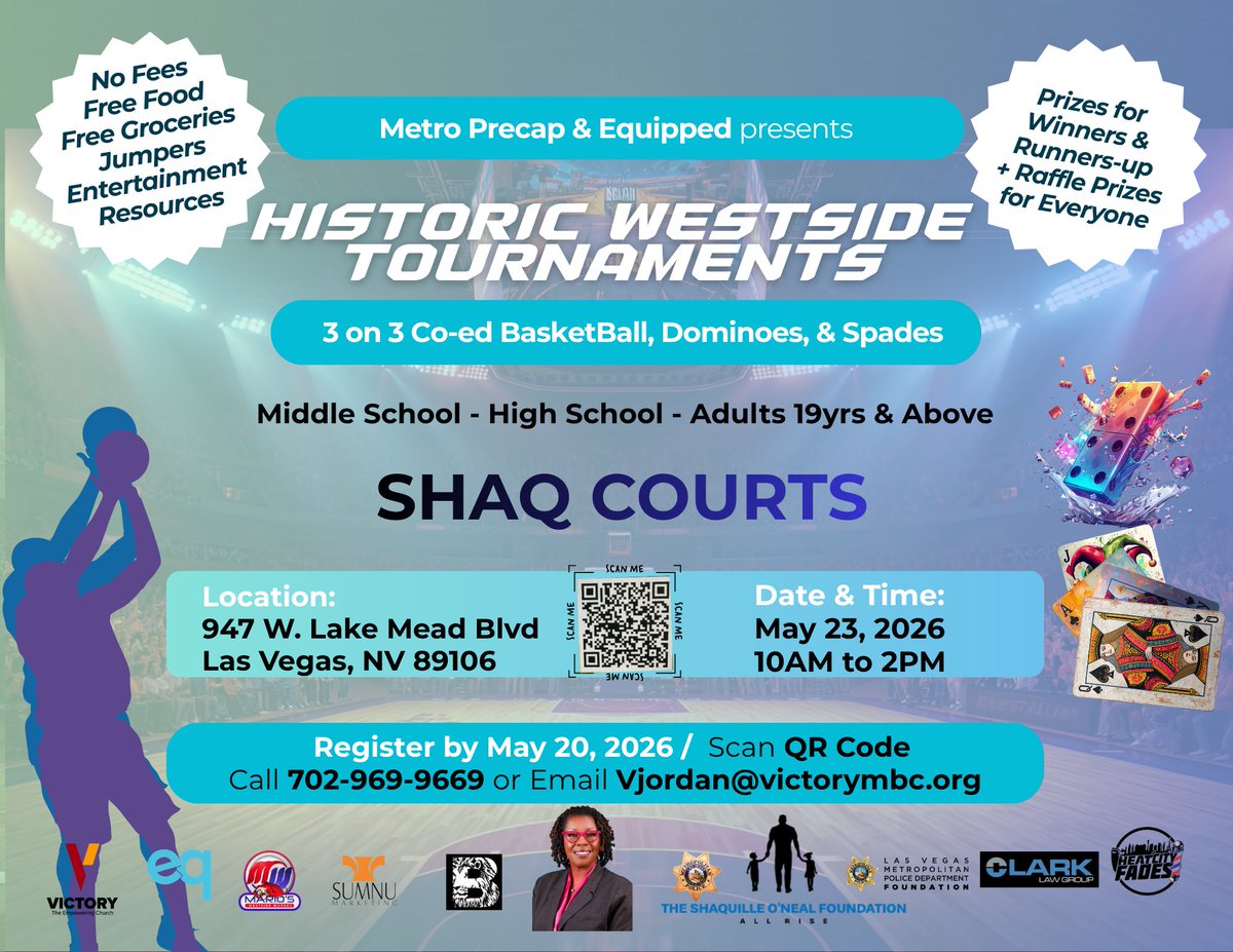 LVMPDBAC's tweet photo. 🏀 Historic Westside Tournaments 🏀 Join us May 23 at Shaq Courts for free games, prizes, food &amp; fun! #BoldenPride #BACFam #LVMPD #Share #SaveTheDate https://t.co/gIVdA9LGcW