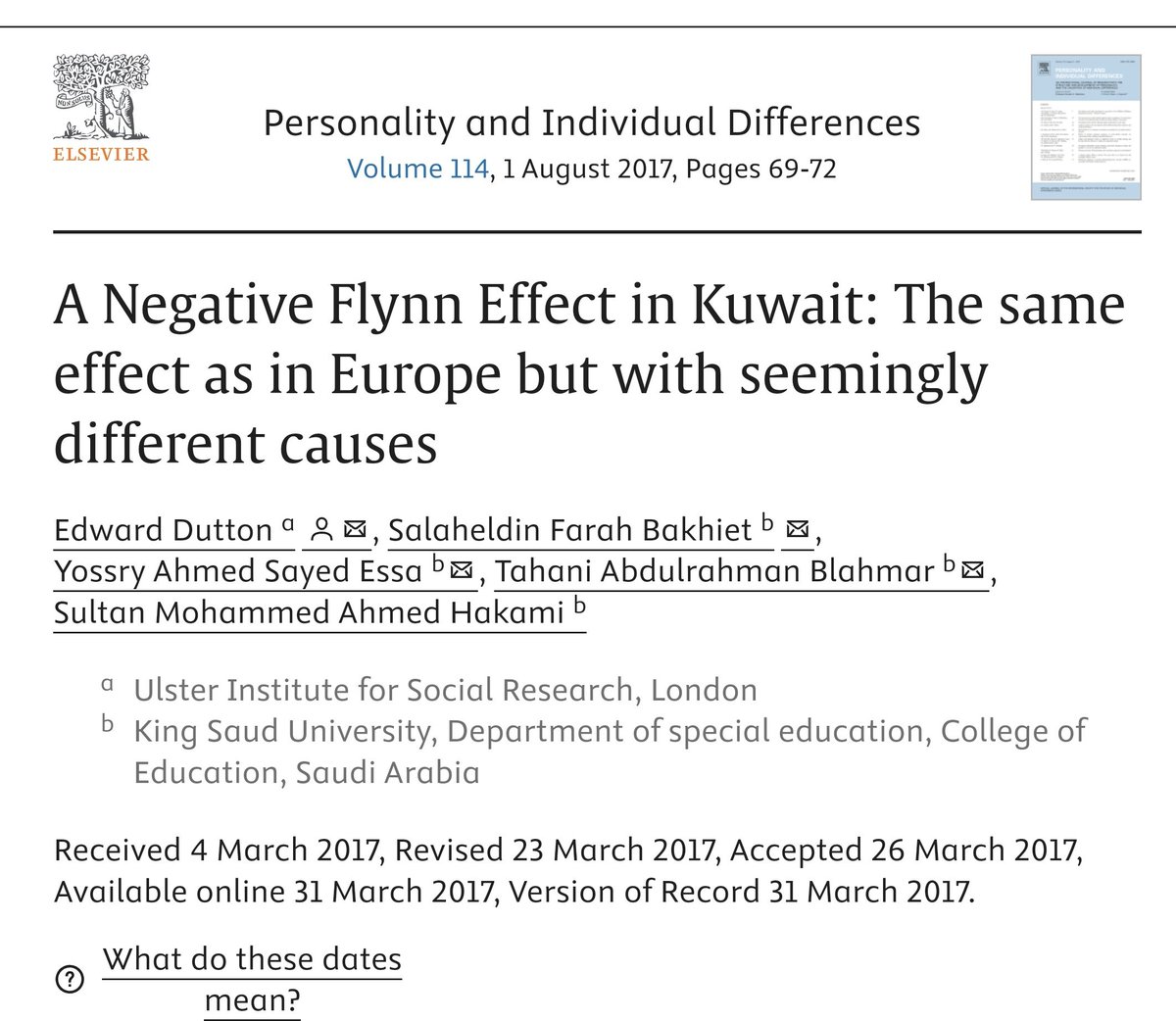 Bader_S_AlAli's tweet photo. هناك ظاهرة معروفة باسم تأثير فلين Flynn Effect:

وهي ارتفاع نتائج اختبارات الذكاء عبر الأجيال في دول كثيرة خلال القرن العشرين.

تقوم عدة مراكز بحثية باختبار مجموعة معينة من بلد ما، ثم بعد عشر سنوات تقدم الاختبار نفسه لعينة أخرى مقاربة لها في المواصفات.

في الكويت، تم تطبيق الاختبار عام 2006 على عينة مكونة من 6529 كويتيا، تتراوح أعمارهم بين 8 و15 عاما، من جميع مناطق الكويت. أما التطبيق الثاني فكان على عينة قابلة للمقارنة، مكونة من 6431 كويتيا عام 2015.

وجد الباحثون تراجع لتأثير فلين في كل فئة عمرية، كما وجدوا أثرا عكسيا عاما لتأثير فلين، بلغ انخفاضا قدره 6.2 نقطة خلال عقد واحد.