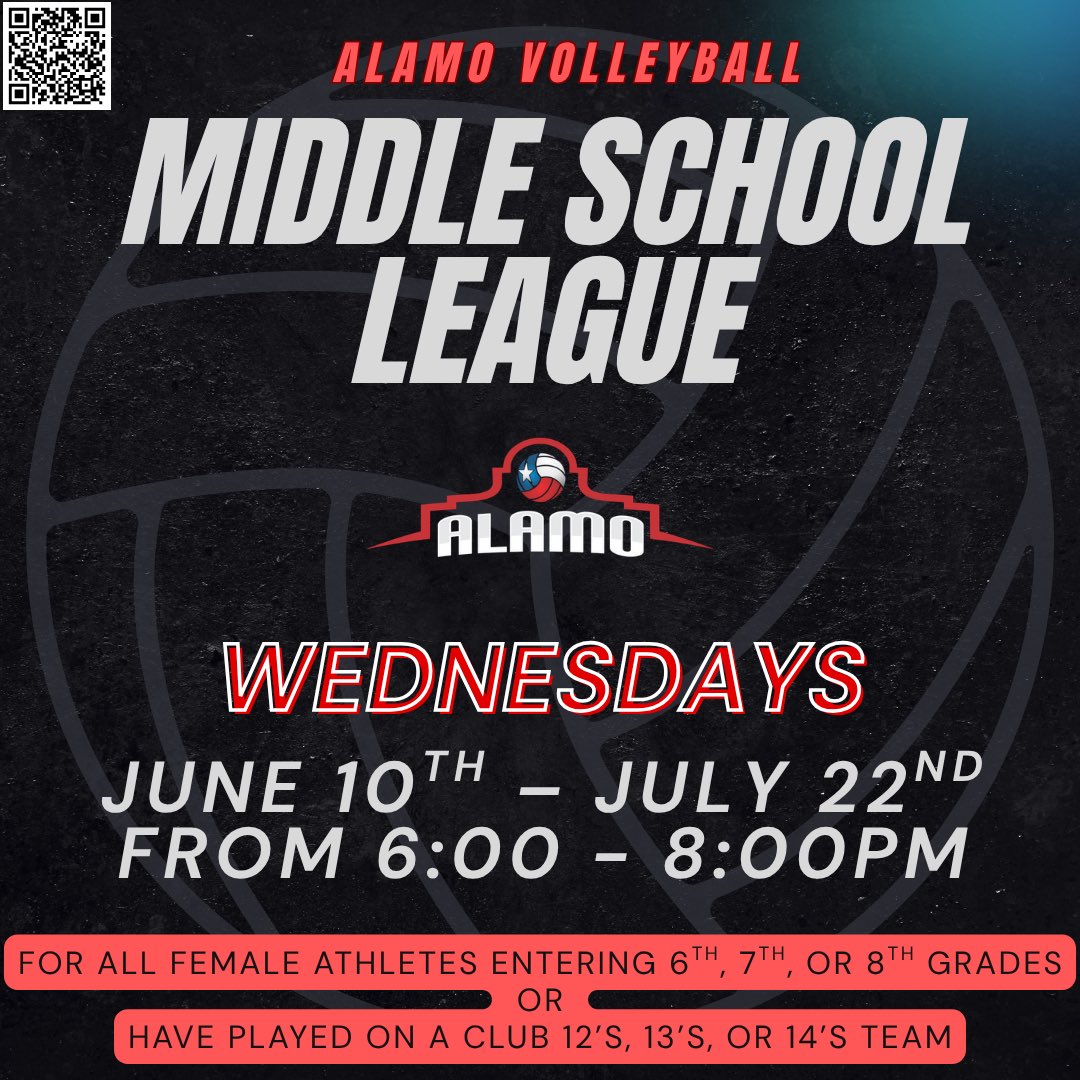 AlamoVB's tweet photo. 🏐Alamo Volleyball • SUMMER MIDDLE SCHOOL LEAGUE❗️

📆Dates: Wednesdays • June 10th – July 22nd
 
**For all female athletes entering 6th, 7th, or 8th grades
OR have played on a club 12’s, 13’s, or 14’s team.

🔗 Register: 
https://t.co/oJ1rEKjv8w https://t.co/ip2OeTjNNb