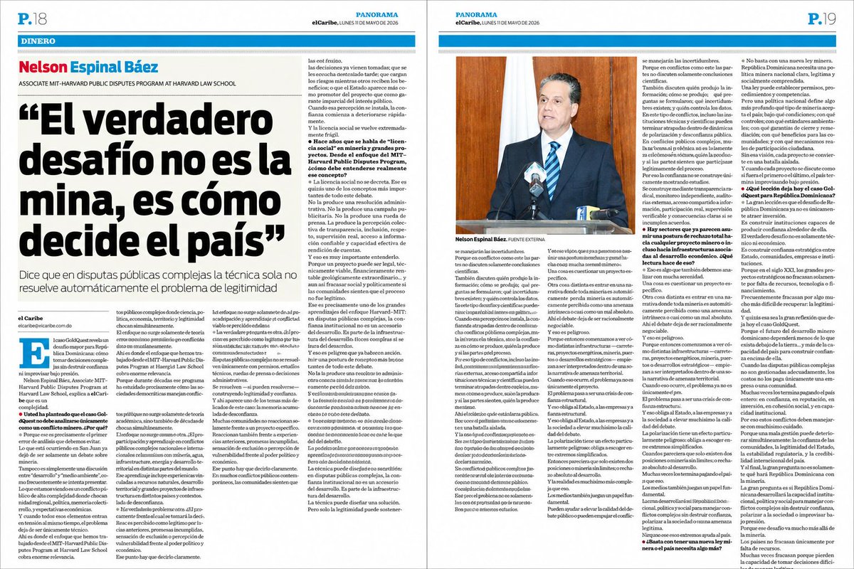 NEspinalBaez's tweet photo. El debate sobre GoldQuest ya no es solamente minería.
También es confianza, legitimidad, licencia social y capacidad institucional para manejar conflictos públicos complejos sin destruir cohesión social ni improvisar bajo presión.
Comparto esta entrevista publicada hoy en @ElCaribeRD sobre uno de los grandes desafíos contemporáneos de República Dominicana.
https://t.co/bD13EMGpFE