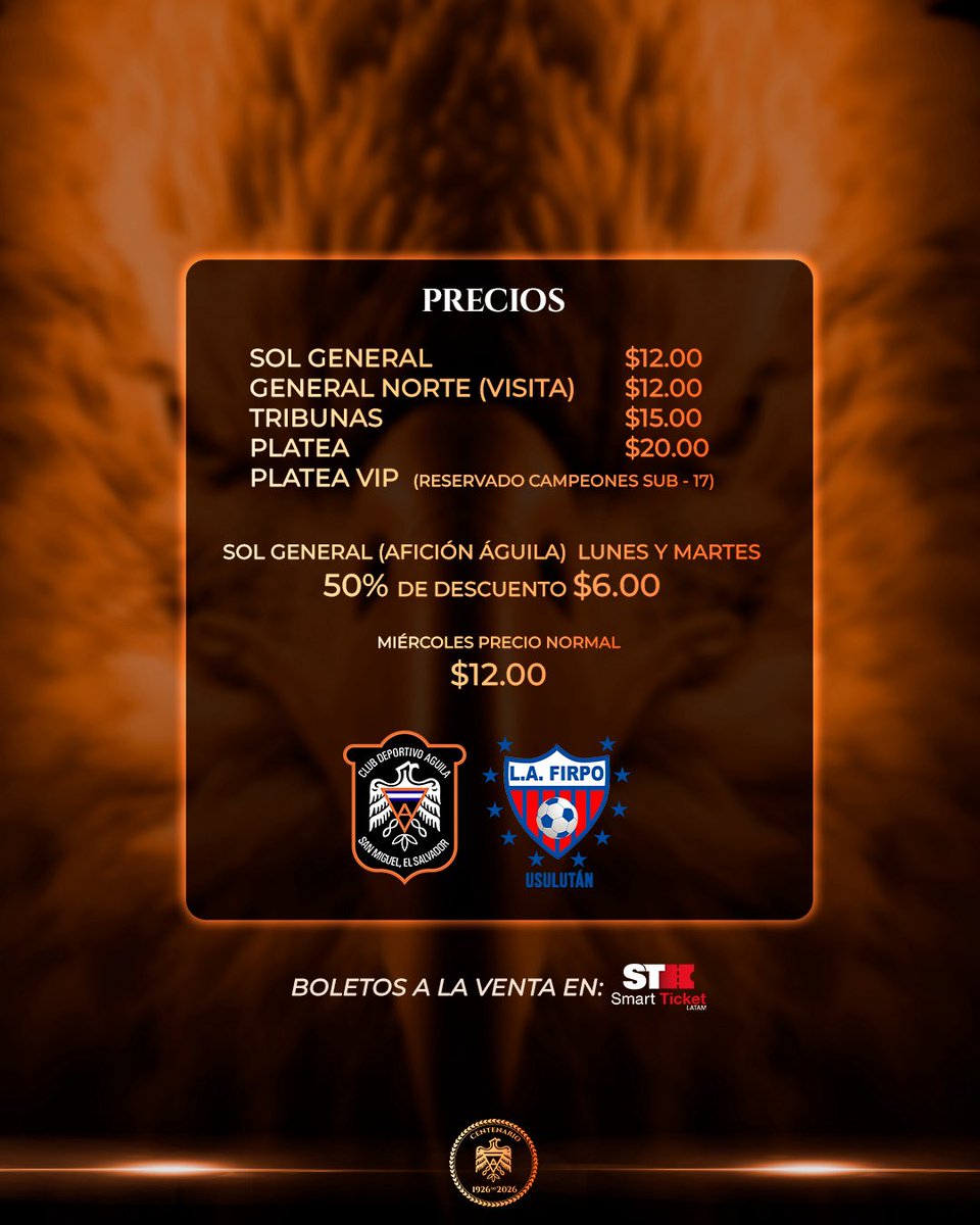 🦅🔥 𝐒𝐄𝐌𝐈𝐅𝐈𝐍𝐀𝐋 𝐃𝐄 𝐈𝐃𝐀... ¡𝐄𝐍 𝐂𝐀𝐒𝐀!

🆚: L.A Firpo
🕒: 3:30 P.M. 
🏟️: Estadio Juan Francisco Barraza 
📅: Miércoles 13 de mayo

🎟️¡Aprovechá! Lunes y martes:
👉🏽 50% de descuento en Sol General.

Es momento de llenar nuestra casa, de alentar sin parar y de
