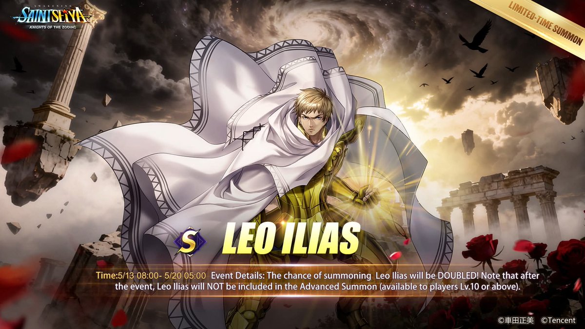 tebitox's tweet photo. ✨[Convocación por tiempo limitado]✨
♌️Limited-Time Summon: Leo Ilias♌️
⏰Hora: 5/13 08:00-5/20 05:00
Detalles del evento: ¡La oportunidad de convocar a Leo Ilias se DUPLICARÁ! 
#SAINTSEIYAAWAKENING
#SAINTSEIYAKOTZ
#SAINTSEYA https://t.co/6Va8GE6QXr
